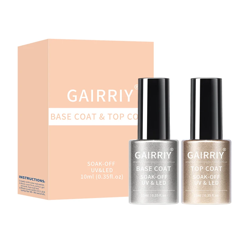 

Gairriy 2 Pcs 10ml No Wipe Gel Top Coat and Base Coat Set - Shine Finish and Long Lasting, Soak Off LED Gel Base Top Coat Glossy