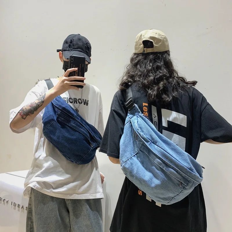 

Teenager Denim Retro Chic Chest Bag Female Male Vintage Jeans Fabric Soft Big Capacity Hip-hop High Street Crossbody Bag Purse