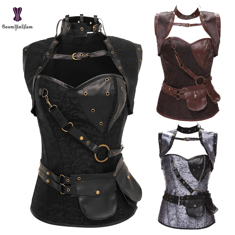 

Gothic Vintage Corset Set Women Steampunk Black Gray Brown Steel Boned Waist Bustier Top Korsets Overbust Corselet S-6XL