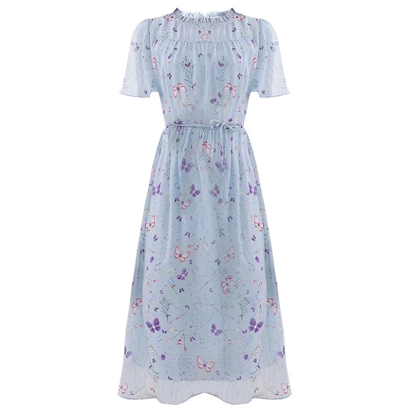 

Women Chiffon Floral Print Dresses Female Sweet Midi Dress Transparent Short Sleeve Elegant Blue Fairy Dresses For Women Summer