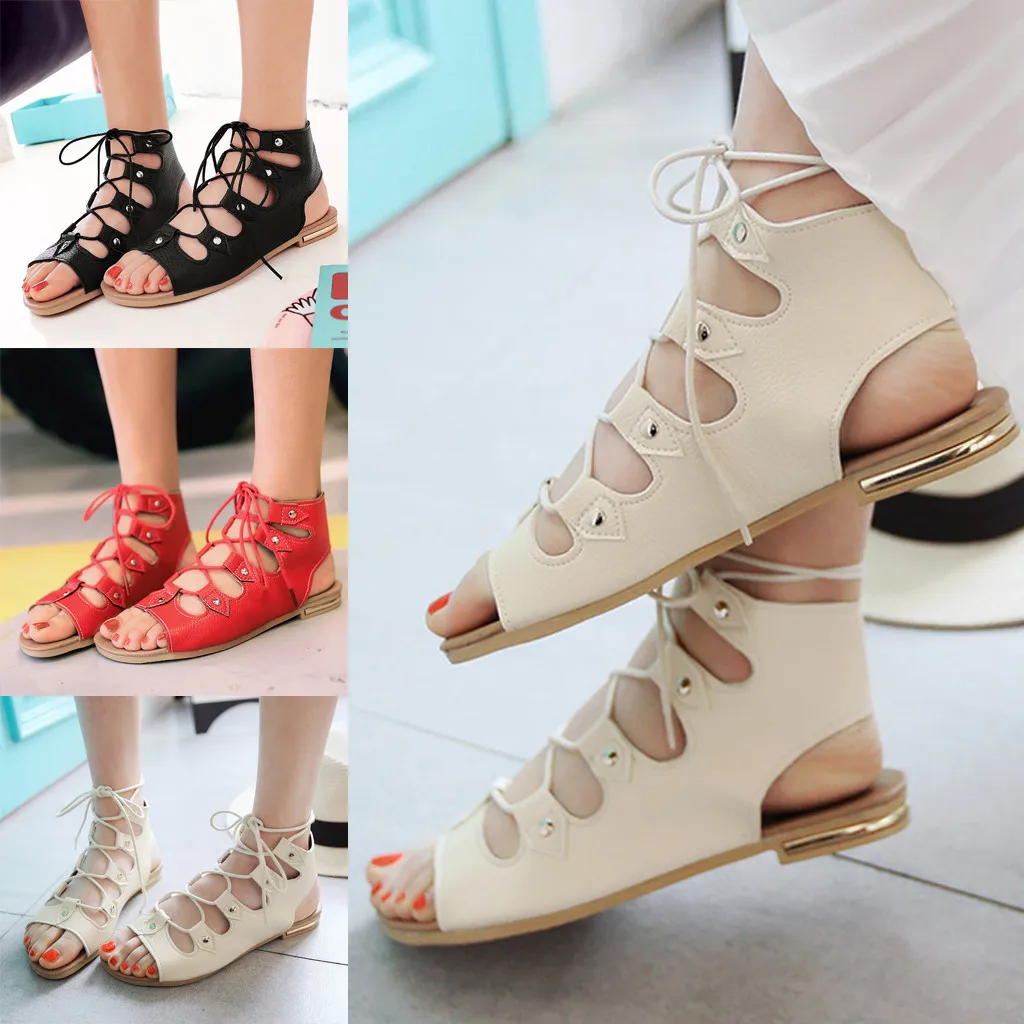 

Rome Style sandals Ladies Lace Up Flat Beach Shoes women sandalias mujer Comfortable Casual Shoes Peep Toe pumps