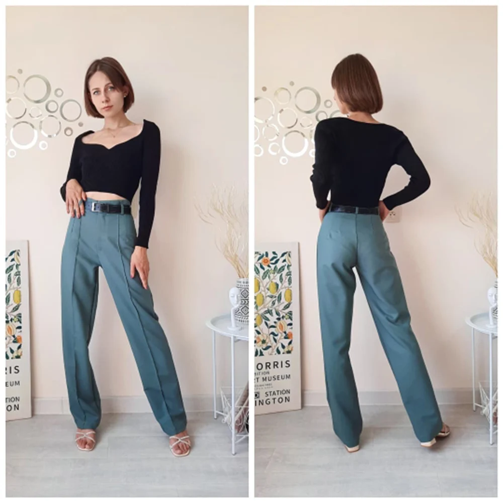 

2021 New Summer Women Vintage Solid Pants Female Office Lady Bottoms Slim High Waist Casual Chic Straight Trousers