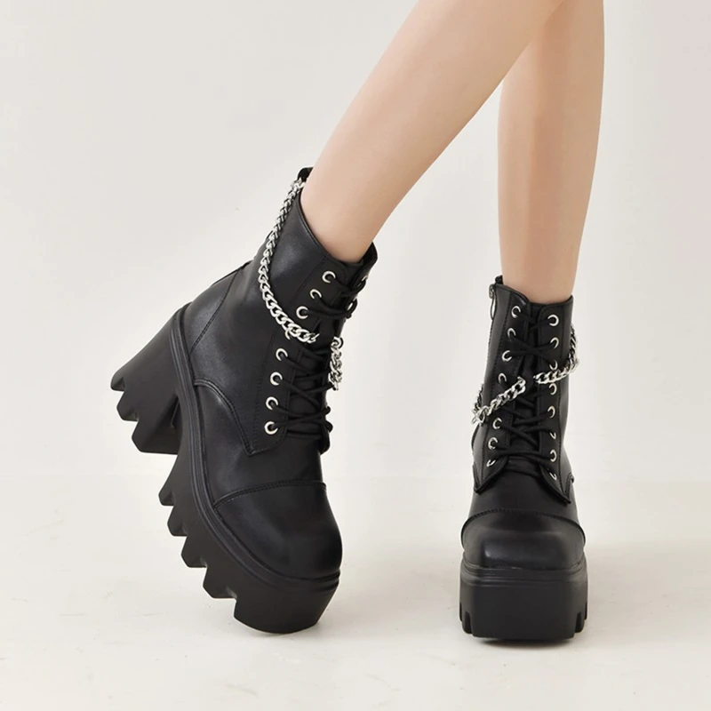 

Женские ботильоны на платформе, черные ботинки челси в стиле панк, с металлической цепочкой и боковой молнией, ботинки на высоком каблуке, Осень-зима 2023
