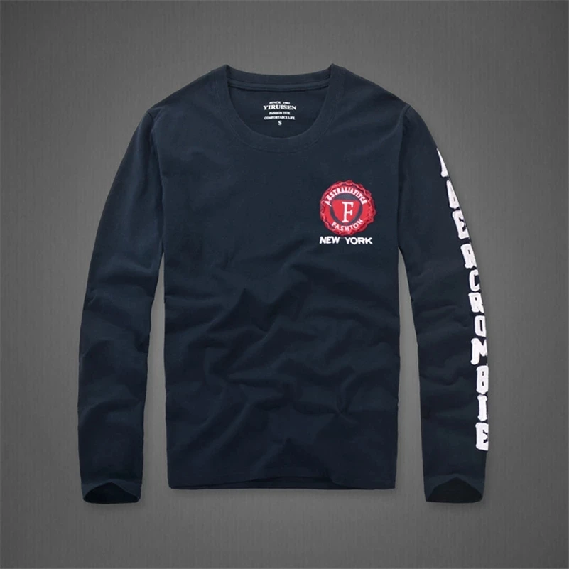 Футболка для мужчин 100% хлопок Вышивка Длинные рукава футболки с О образным