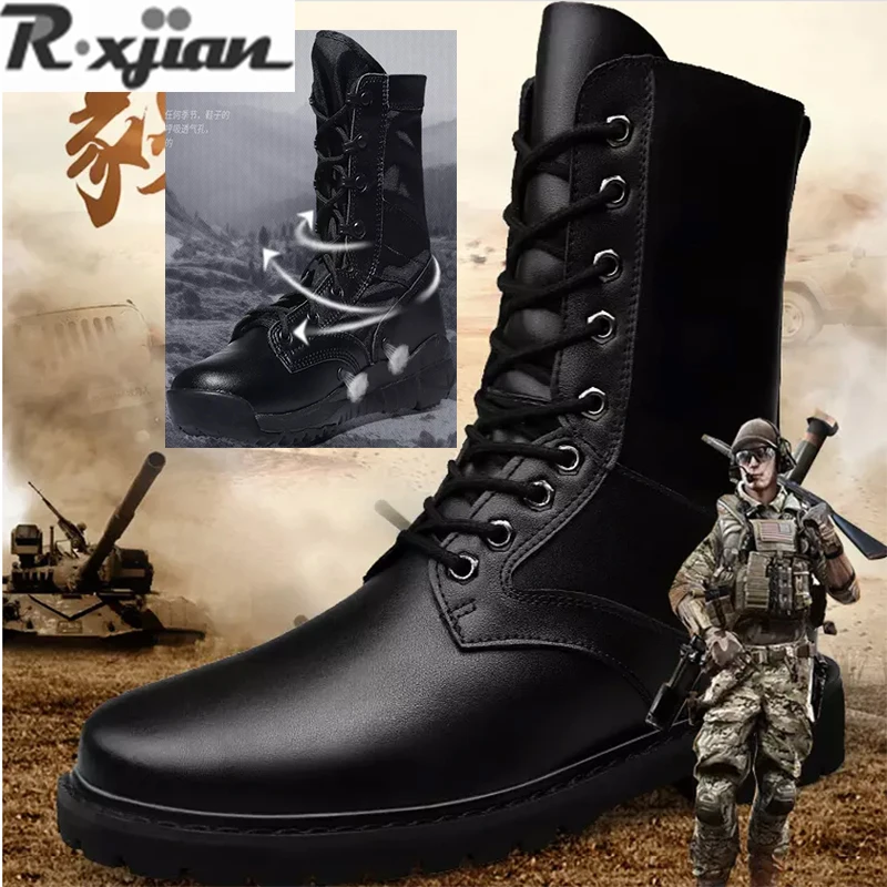 

R.XJIAN2020Men's Leather Motorcycle Boots Mid-calf Military Combat Boots Gothic Belt Punk Boots Men Shoes Tactical Army Boot War