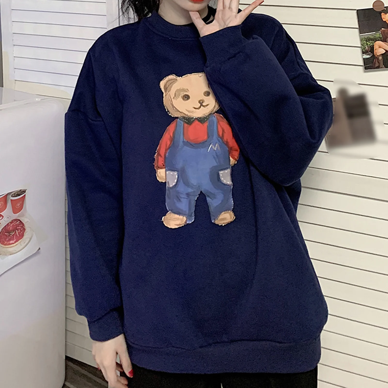 

Women Long Sleeve O Neck Cartoon Bear Print Sweatshirt Oversized Pullover Blouse