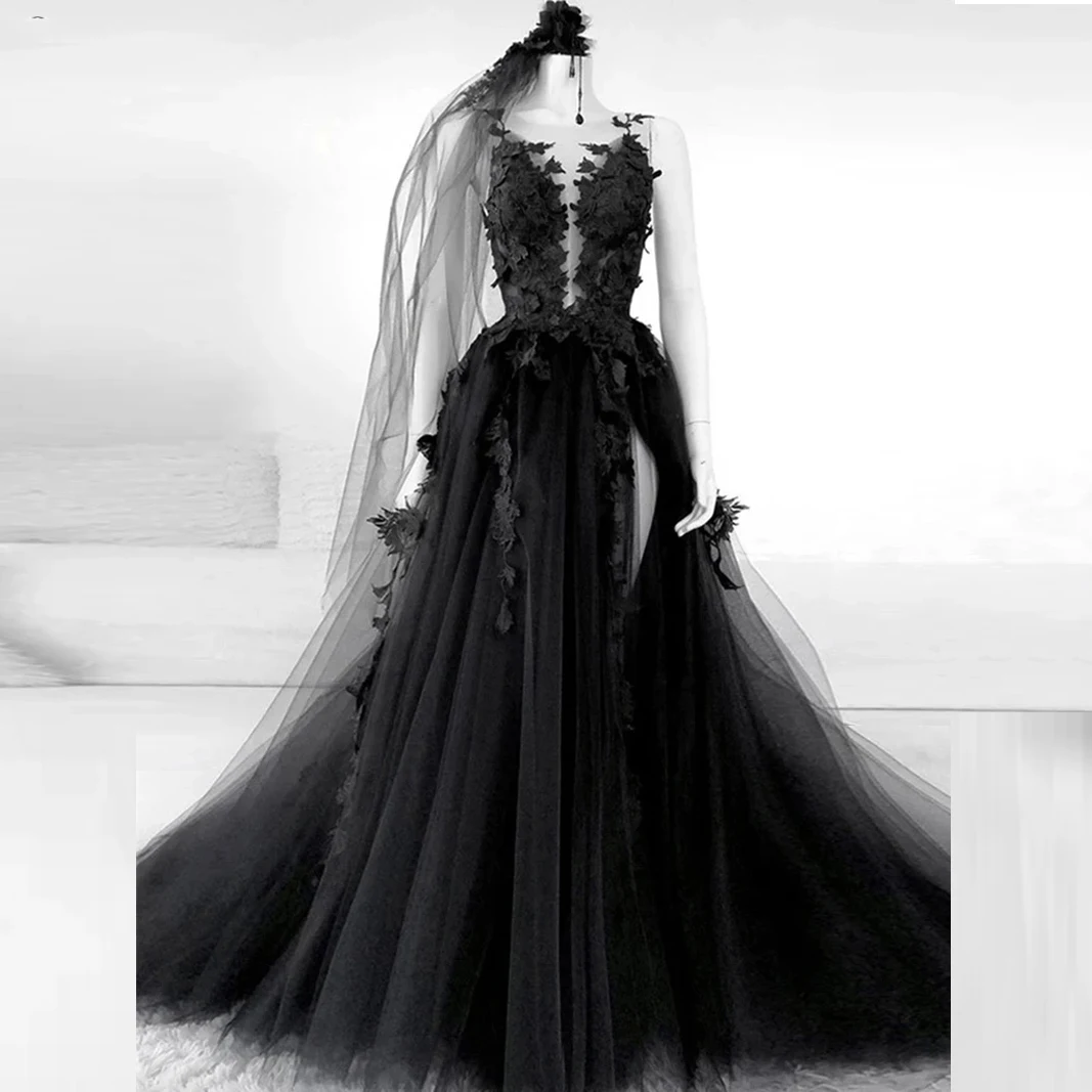 

Gothic Black Prom Dresses Lush Backless High Side Split A-line Evening Dress Lace Formal Party Gowns With Veil Robe De Soirée