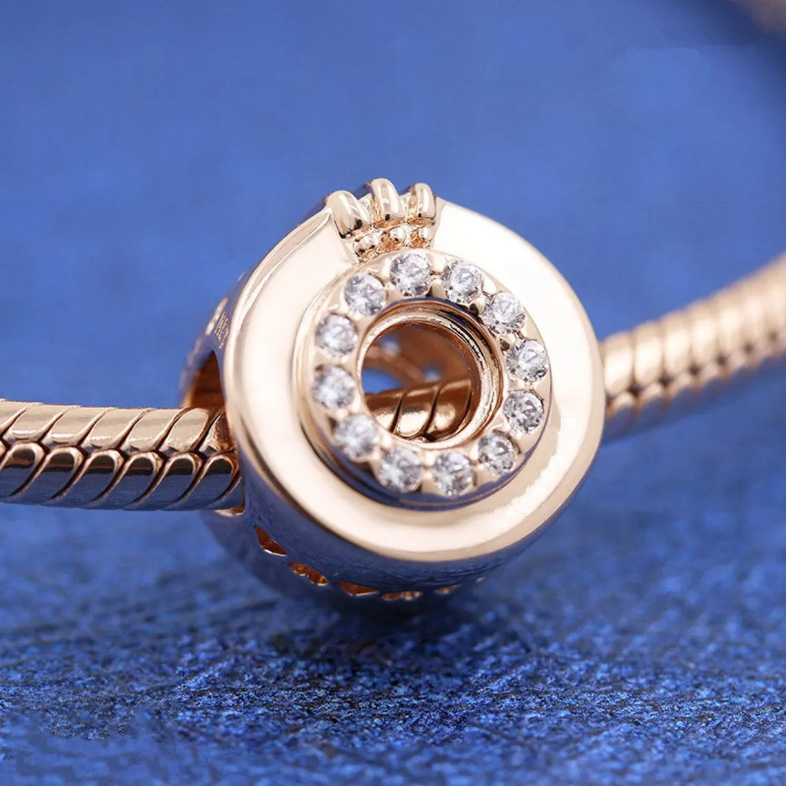 

925 Sterling Silver & Rose Gold Plated Pave Crown O Clear CZ Charm Bead Fits All European Pandora Bracelets Necklaces