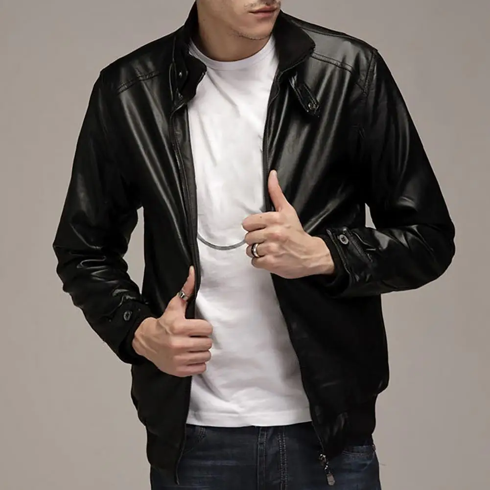 

Men Jacket Zipper Closure Stand Collar Stylish Faux Leather Solid Color Slim Fit Motorcycle Coats Casual Cool Warm Outerwear