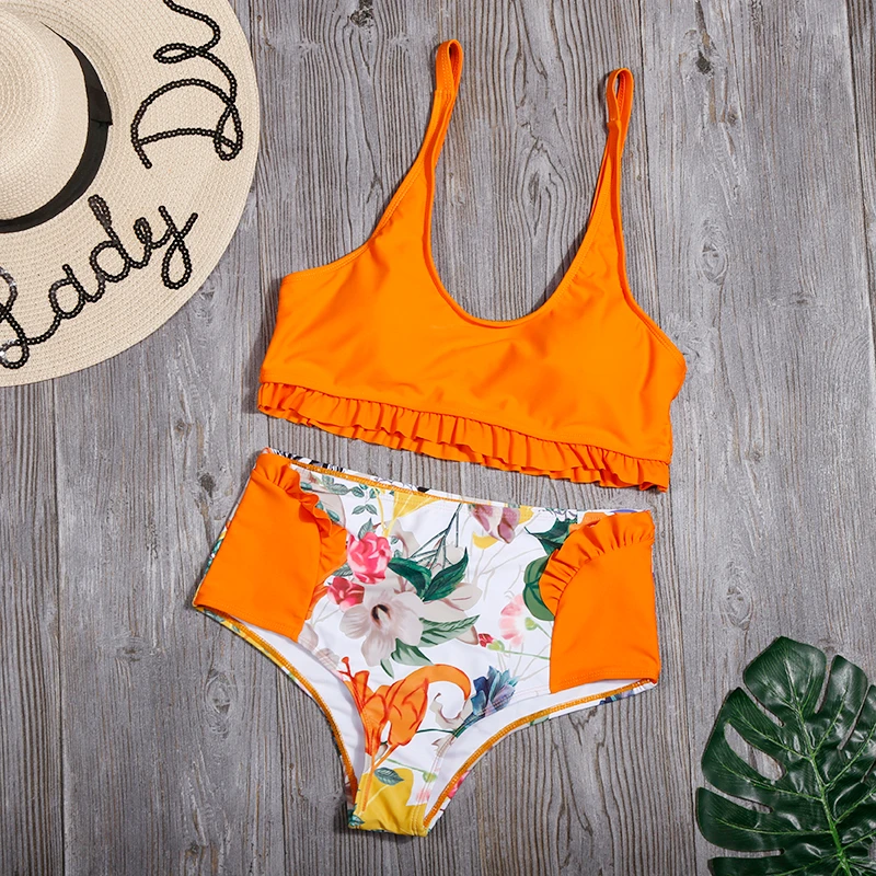 Женский комплект бикини с рюшами и высокой талией купальник на шнуровке новинка