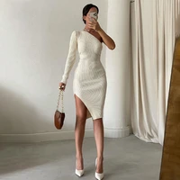 women 2021 autumn new solid color inclined shoulder long sleeve dress sexy stretch slim bag hip side slit party club dresses