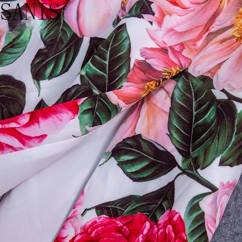 

Sanis 2021 Fashion Designer Summer Vintage Party Dress Women Half sleeve V-neck Red Floral print Slim Knee-Length Dress