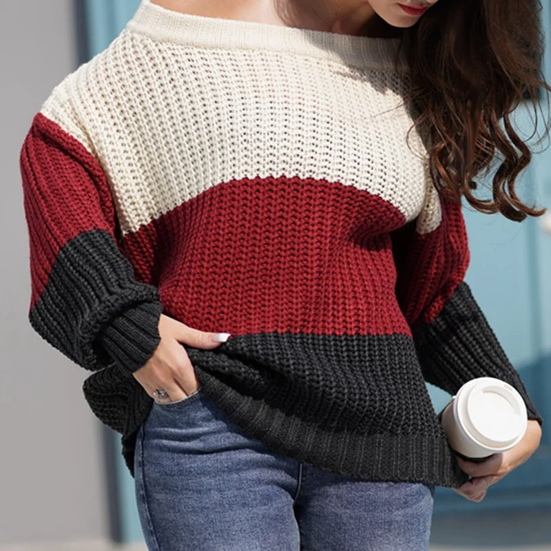 

Sexy Off Shoulder Striped Sweaters Winter Loose Patchwork Jumpers Long Sleeve Knitted Pullover Sweater