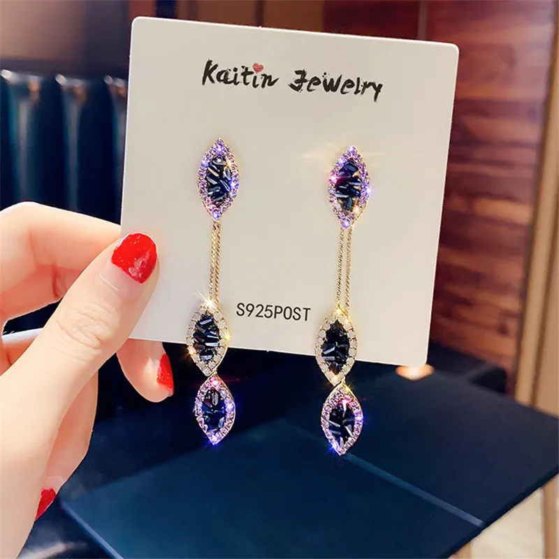 

FYUAN Long Tassel Leaf Drop Earrings for Women Bijoux Exquisite Purple Crystal Dangle Earrings Party Fashion Jewelry Gifts