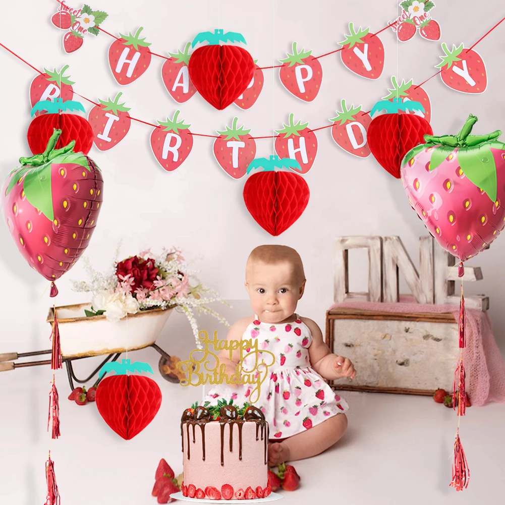 

9pcs Strawberry Birthday Decoration Baby Birthday Party Ornament Strawberry Balloon Honeycomb and Banner Baby Shower For Room