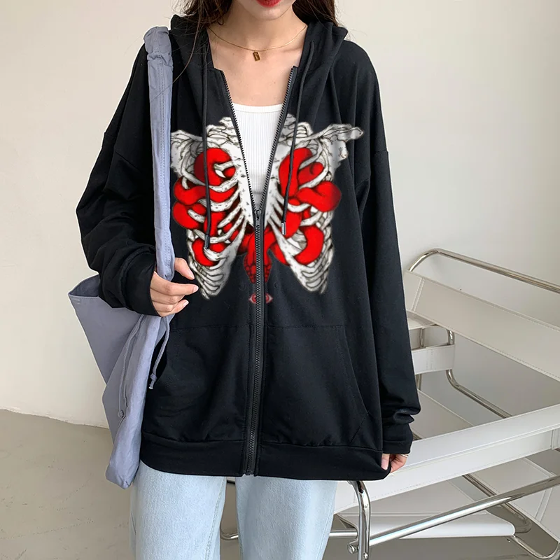 

Street Dark Black Zipper Sweatshirt Winter Jacket Clothes Hoodie Women's Print Skull Retro Pocket Long Sleeve Pullover Y2K Tops