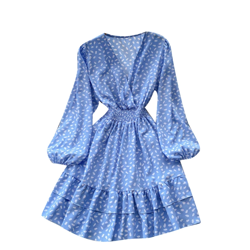 

Autumn 2021 New Temperament Vestidos Female V-neck Age Reduction Bubble Sleeve Holiday Dress Ruffled Mini Dress DK1321