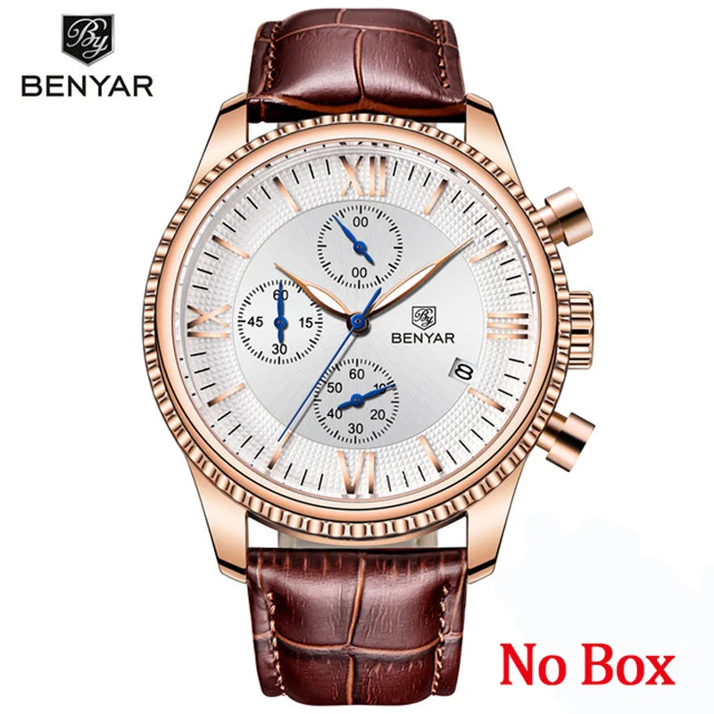 Gold No Box BENYAR, мужские часы, модные/спортивные/кварцевые часы, мужские наручные часы, мужские часы, Топ бренд, роскошные кожаные часы для мужчин, Relogio Masculino - Цвет: Gold No Box