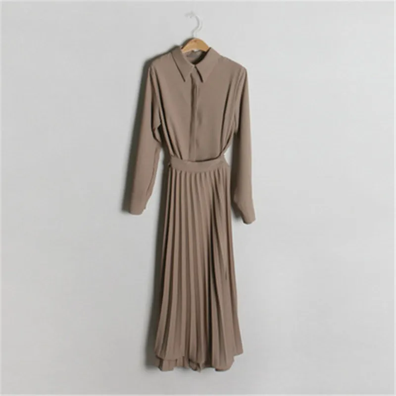 

Chic Pleasted OL Dress for Women Solid Lapel Collar Long Sleeve High Waist Slim Was Thin Shirt Vestidos Largo Autumn Fashion