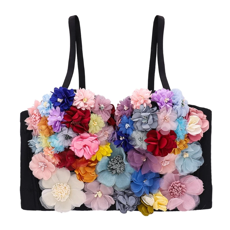 

Women Sexy Spaghetti Strap Bustier Bra 3D Colorful Artificial Floral Camisole Vest Club Party V-Neck Corset Crop Top