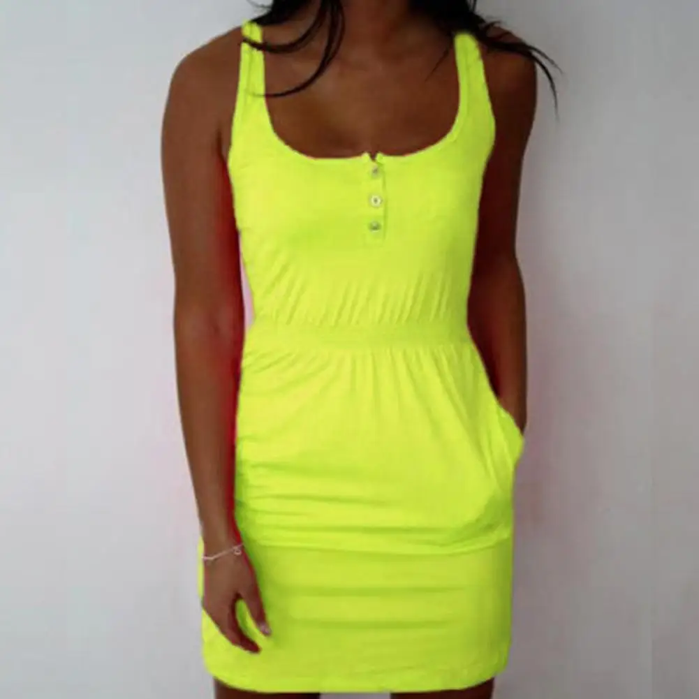 Женское летнее ФЛУОРЕСЦЕНТНОЕ однотонное платье без рукавов с эластичной