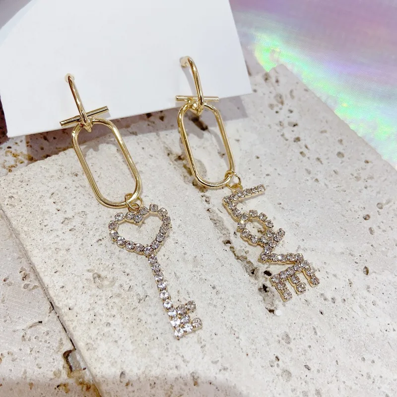 

MENGJIQIAO Korean Sweet Asymmetric Rhinestone Love Letter Drop Earrings For Women Girls Fashion Metal Pendientes Jewelry Gifts