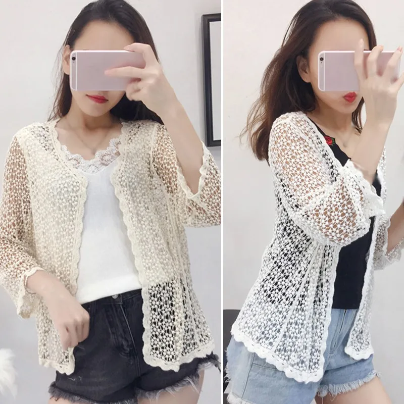

Women's Hollow Out Blouses Female Summer Casual Loose Lace Perspective Outerwear Beach Style Long Sleeve Cardigan Tops