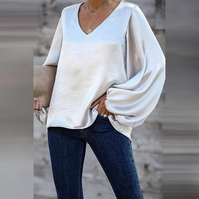 

New Products 2021 Women's Ladies Long Sleeve V-neck Top Puff Sleeve