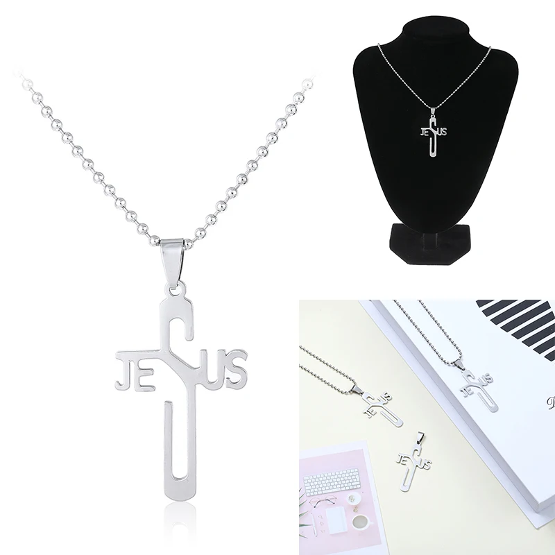 

Fashion Jesus Letter Pendant Jewelry Unisex Stainless Steel Long Beads Chain Necklace Jewelry Men Women Christian Symbol Gift