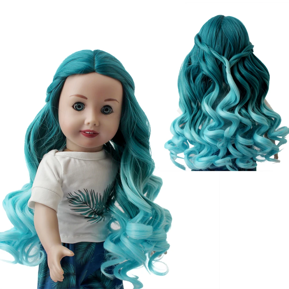 Aidolla 18inch American Doll Wig Gradient Blue Long Curly Hair Accessories High Temperature Fiber Wavy For DIY | Игрушки и хобби
