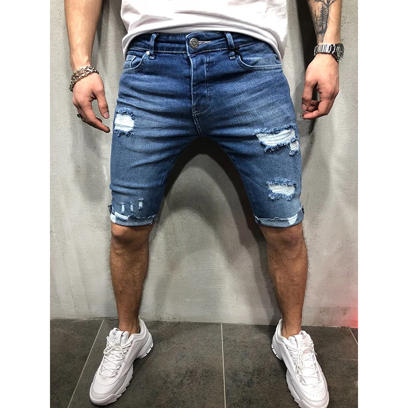 Новые модные мужские повседневные шорты джинсовые короткие брюки рваные скинни