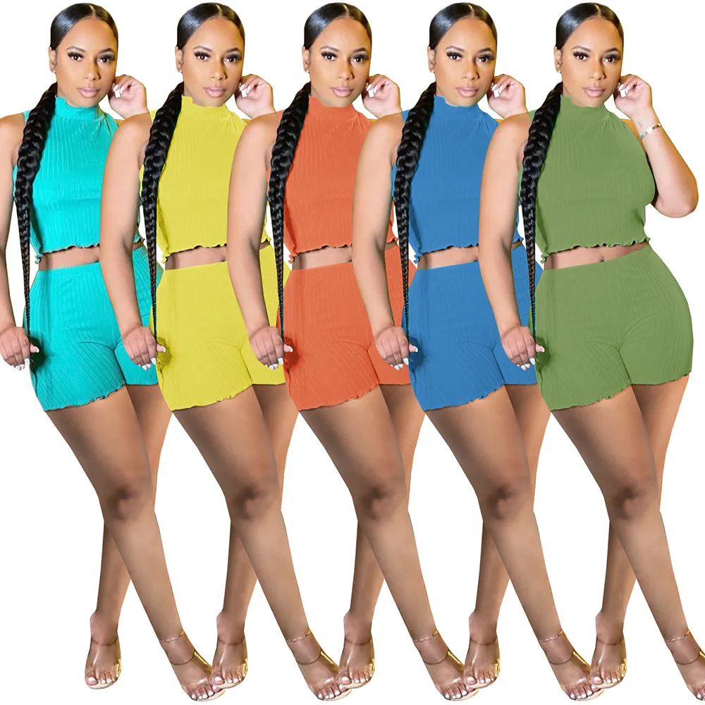 

Casual Two Piece Tracksuits Women Sleeveless Half High Neck Top+elastic Waist Biker Shorts Vacation Outfit Club Matching Set