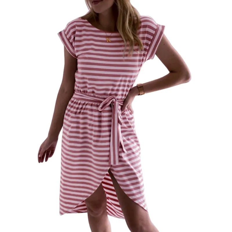 

Fashion Women Casual Summer Striped Mini Dress Short Sleeve Round-Neck Loose Office Ladies T Shirt Dress