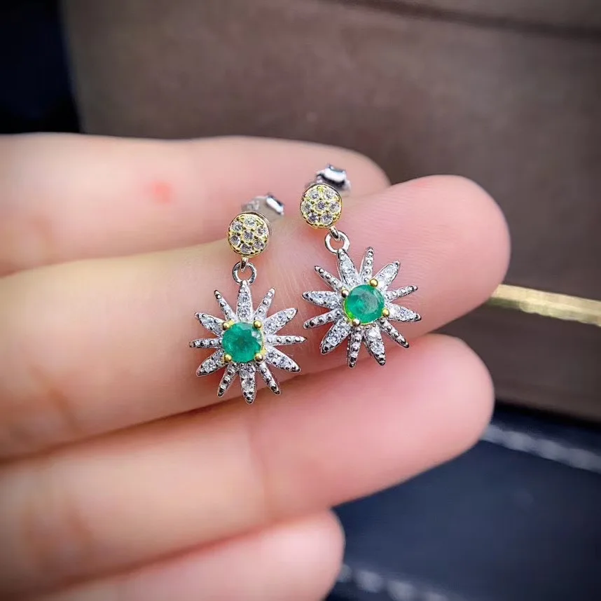 Серьги с натуральным зеленым изумрудом для красоты серебряные ювелирные изделия