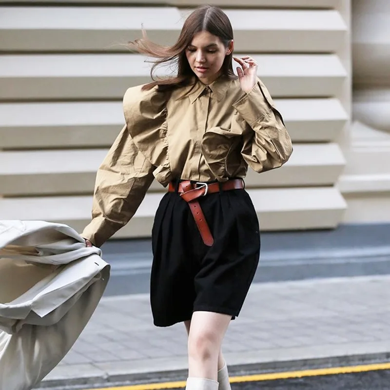 Женская рубашка с длинным рукавом однотонная элегантная модная свободная