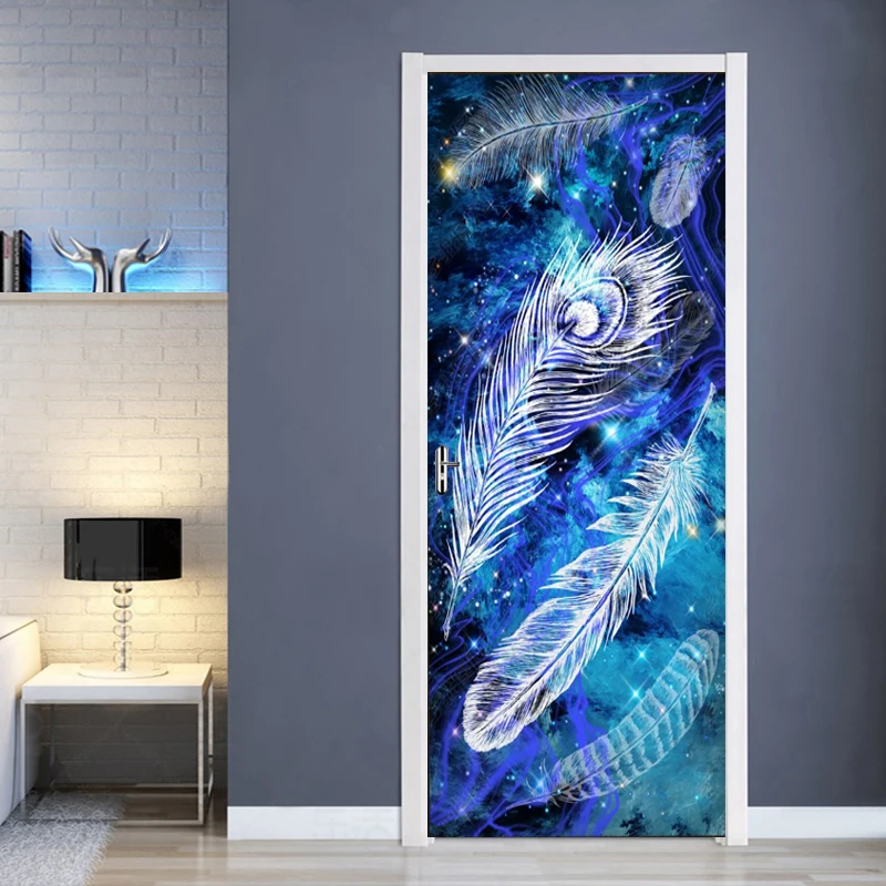 

European Modern Colorful Blue Feather 3D Door Sticker PVC Self Adhesive Removable Wall Sticker Living Room Door Decor Wallpaper