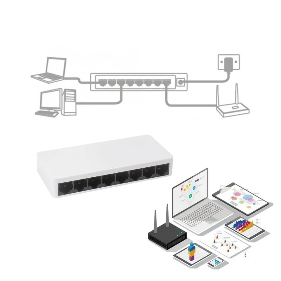 

8 Port 10/100Mbps Network Card Reverse Gigabit Switch Optical Ethernet Adapter Switch with Power adapter for home office use