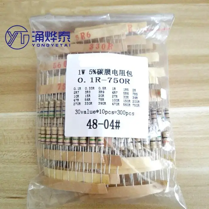 

YYT 300pcs Resistor Kit 1W 5% 30values X 10pcs Carbon Film Resistance 0.1-750 ohm Set