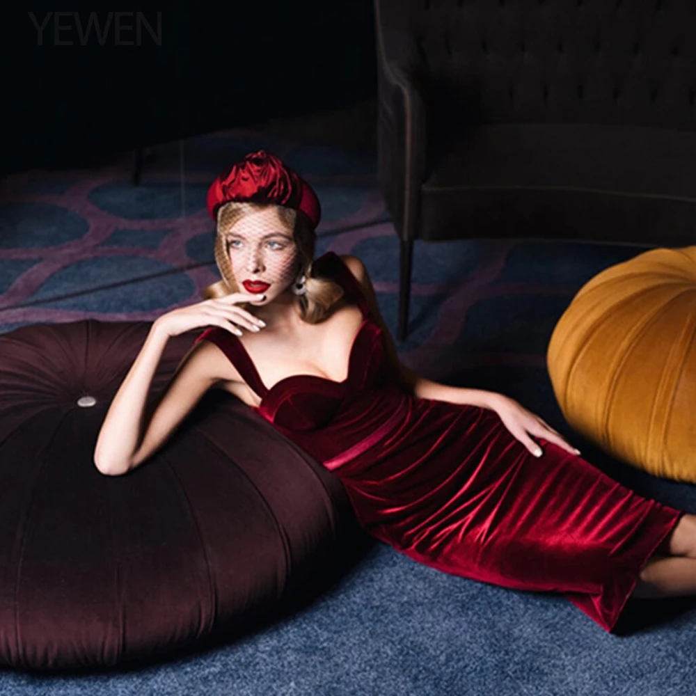 Burgundy Velvet Maternity Dress for Women with Thick Straps Enhanced Cups Corset Back Christmas Photo Shoot Gown YEWEN