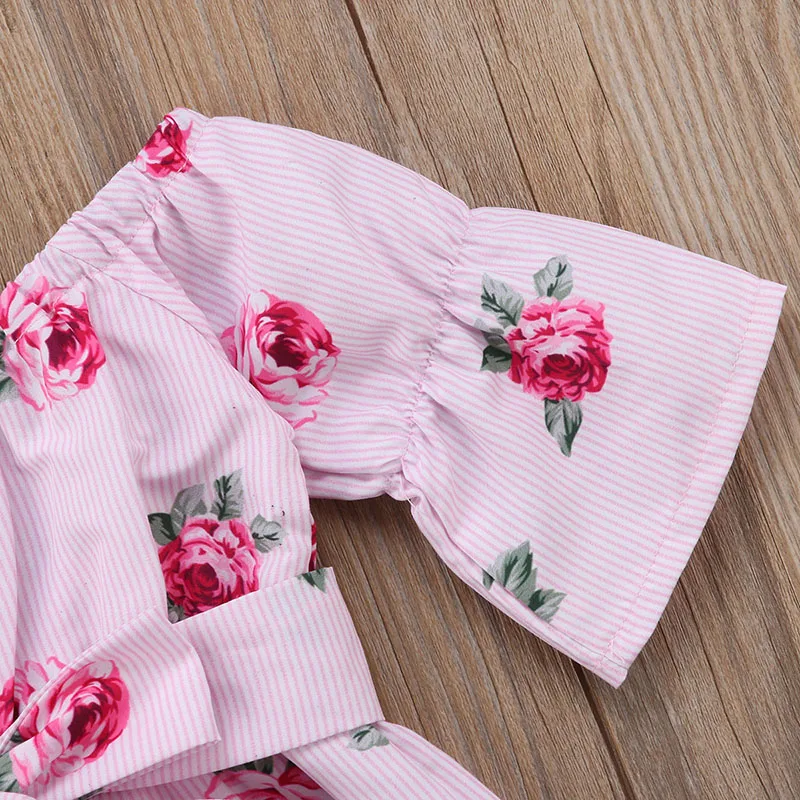 Children Toddler Kids Clothes Baby Girls Floral Printed Romper Off Shoulder Flare Sleeve Bow Striped Jumpsuit Playsuits Outfits | Детская