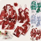 3 шт., женская шелковая атласная пижама с принтом фламинго