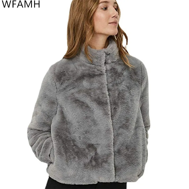 2023 New Winter Long-sleeved Concealed Buckle Stand Collar Fashion Faux Fur Solid Color Loose Coat Women Rabbit Fur Polyester
