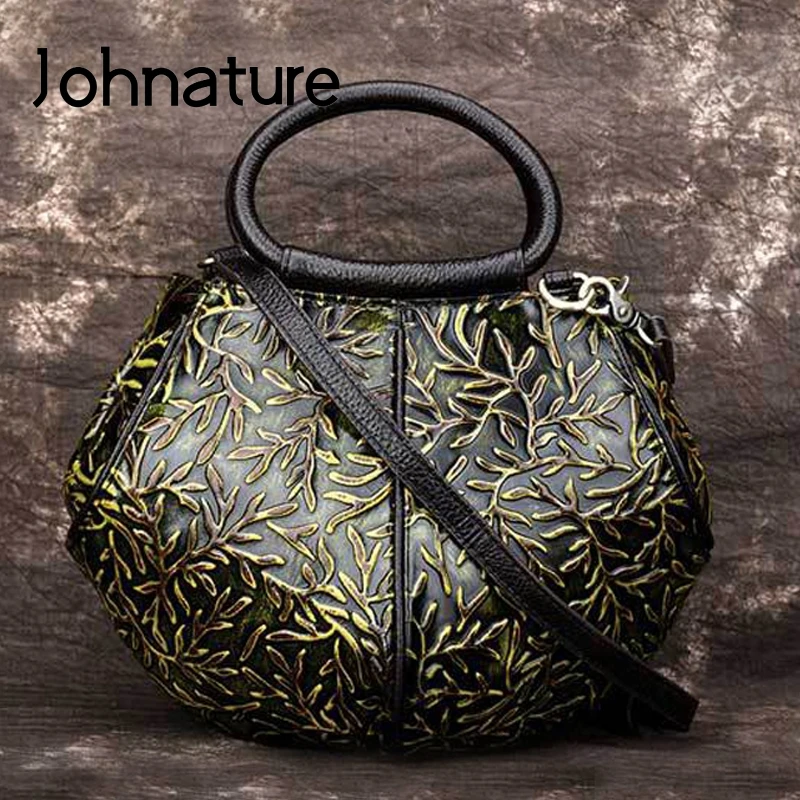 Женская винтажная сумка на застежке Johnature из натуральной кожи с цветочным