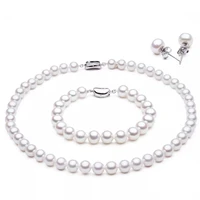 meibapj925 sterling silver classic natural freshwater pearl necklace bracelet earrings set for women bridal wedding suit