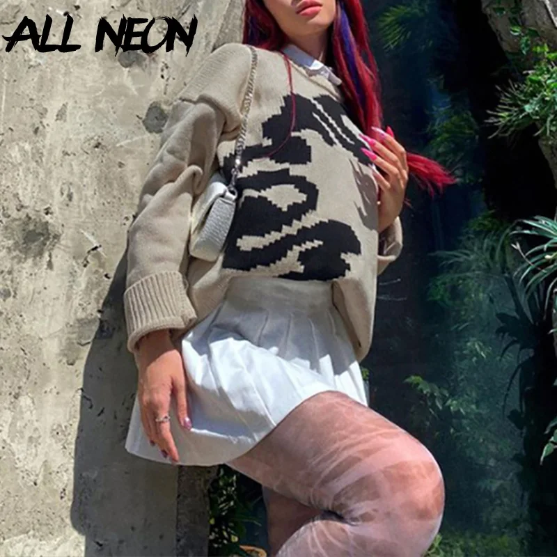 

ALLNeon Y2K Aesthetics Streetwear Wave Print Oversized Pullovers Vintage 90s Cute Crew Neck Long Sleeve Knitted Sweaters Grey