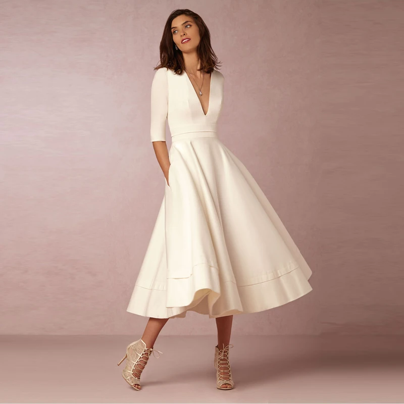 

Elegant A-Line V Neck White Maxi Half Sleeves Dress Simple Long Solid Color Lilac Female Office Casual Pink Navy Dress B209