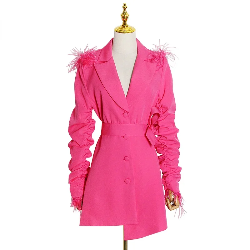 

Patchwork Feather Dress for Women Elegant Notched Long Sleeve High Waist Lace Up Bowknot Blazer Female Spring Autumn New
