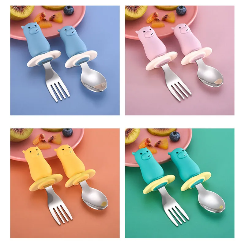 Juego de 2 unids/set de cuchara de alimentaci&oacute;n infantil, tenedor de f&aacute;cil agarre, vajilla suave con patr&oacute;n de dibujos animados para beb&eacute;, vajilla de silicona/acero inoxidable 316 para beb&eacute;-2