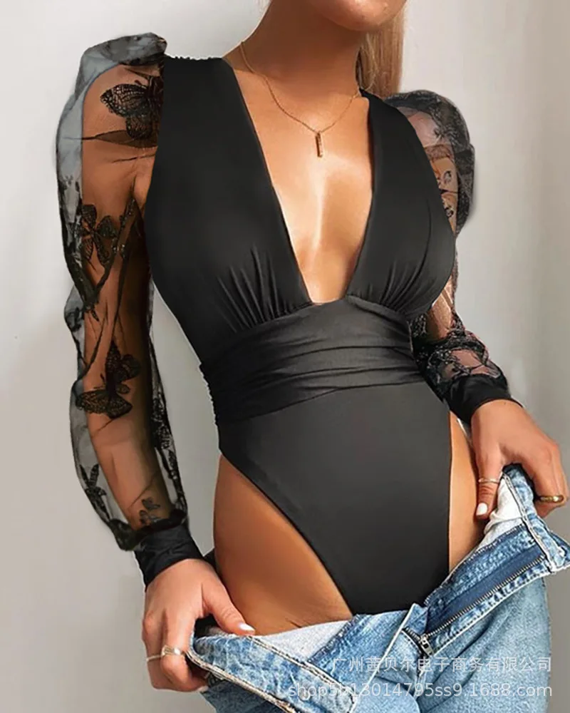 

2021 New Puff Sleeve See-through Mesh Bodysuit Women Solid Elastic Casual Party Winter Bodysuits Body Tops