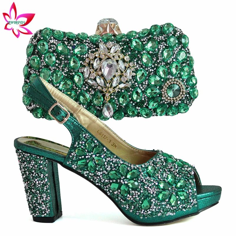 

Green Color Nigerian Design African Women Shoes and Bag Set Italian Ladies Matching Shoes and Bag with Shinning Crystal